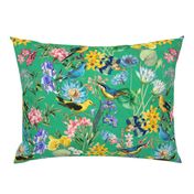 Exotic Summer Rainforest Jungle Beauty:  A Vintage Mysterious Botanical Pattern Featuring leaves blossoms and colorful Tropical birds on emerald green