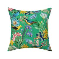 Exotic Summer Rainforest Jungle Beauty:  A Vintage Mysterious Botanical Pattern Featuring leaves blossoms and colorful Tropical birds on emerald green