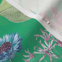 Exotic Summer Rainforest Jungle Beauty:  A Vintage Mysterious Botanical Pattern Featuring leaves blossoms and colorful Tropical birds on emerald green