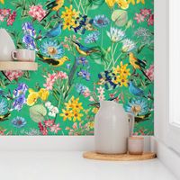 Exotic Summer Rainforest Jungle Beauty:  A Vintage Mysterious Botanical Pattern Featuring leaves blossoms and colorful Tropical birds on emerald green
