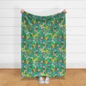 Exotic Summer Rainforest Jungle Beauty:  A Vintage Mysterious Botanical Pattern Featuring leaves blossoms and colorful Tropical birds on emerald green