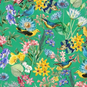 Exotic Summer Rainforest Jungle Beauty:  A Vintage Mysterious Botanical Pattern Featuring leaves blossoms and colorful Tropical birds on emerald green