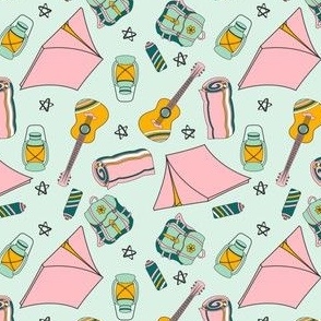 Pink Camping Trip With A Vintage Camper, Tent, Mountains And Campfire  Pattern Wallpaper For Walls Camp Couture, Pink Patterned Wallpaper