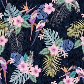 Dark Moody Tropical Odyssey with Hibiscus & Parrots 