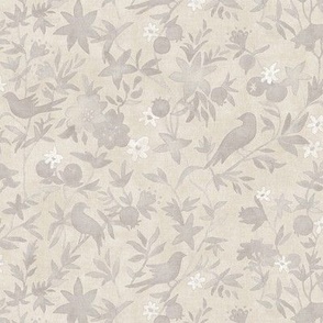 Forest Garden in Dark Cream (small scale) | Forest birds, ecru botanical fabric, floral neutral, garden fabric in taupe beige and white, bird print fabric from original watercolor painting.