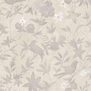 Forest Garden in Dark Cream (medium scale) | Forest birds, ecru botanical fabric, floral neutral, garden fabric in taupe beige and white, bird print fabric from original watercolor painting.