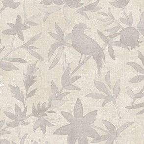 Forest Garden in Dark Cream (large scale) | Forest birds, ecru botanical fabric, floral neutral, garden fabric in taupe beige and white, bird print fabric from original watercolor painting.