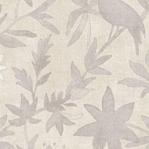 Forest Garden in Dark Cream (xl scale) | Forest birds, ecru botanical fabric, floral neutral, garden fabric in taupe beige and white, bird print fabric from original watercolor painting.