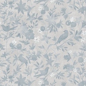 Forest Garden in Sand and Lava Stone (small scale) | Forest birds, soft gray botanical fabric, floral neutral, garden fabric in blue gray and white, bird print fabric from original watercolor painting.
