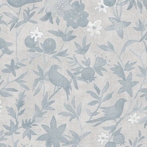 Forest Garden in Sand and Lava Stone (medium scale) | Forest birds, soft gray botanical fabric, floral neutral, garden fabric in blue gray and white, bird print fabric from original watercolor painting.