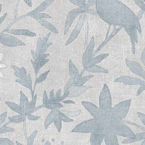 Forest Garden in Sand and Lava Stone (xl scale) | Forest birds, soft gray botanical fabric, floral neutral, garden fabric in blue gray and white, bird print fabric from original watercolor painting.