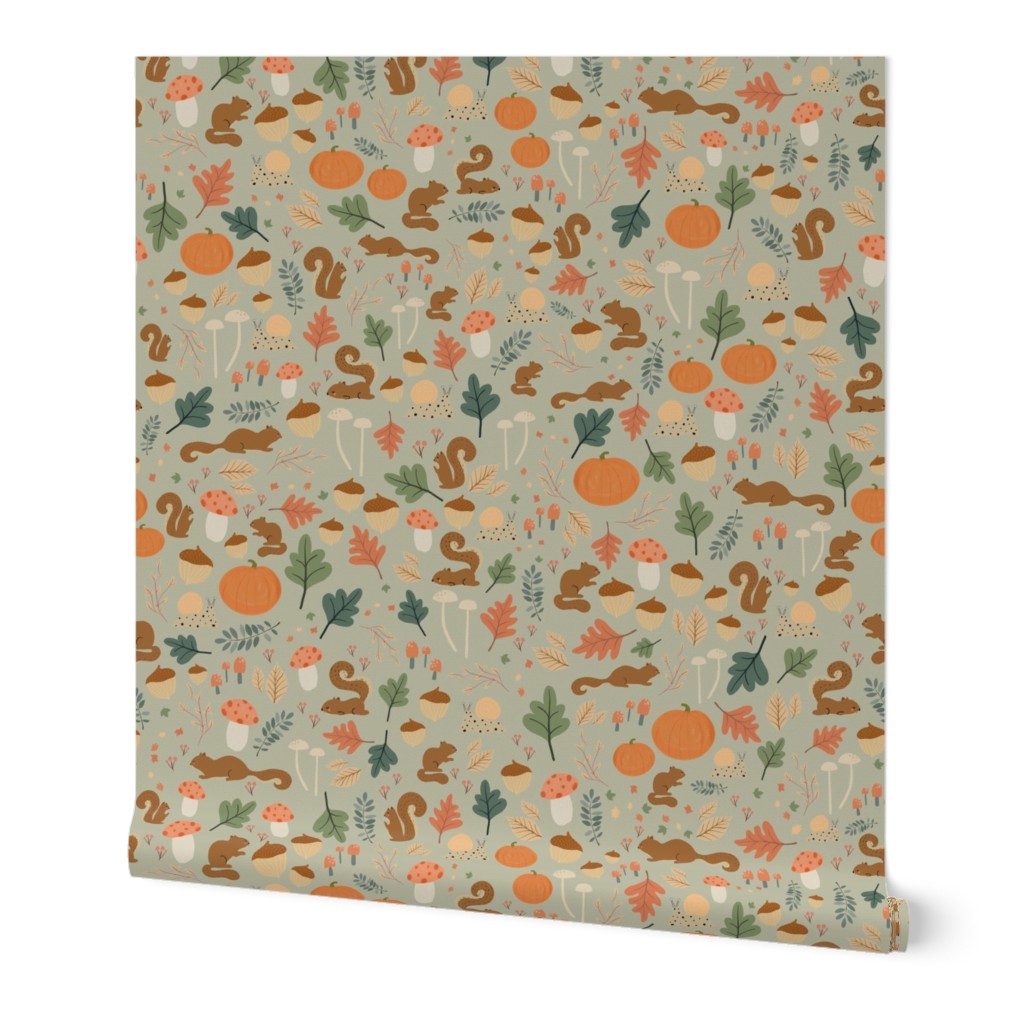 Squirrelly Autumn Whimsy - sage green