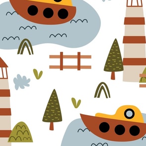 Boat and Lighthouse Nautical Kid Pattern, Large Scale