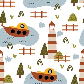 Boat and Lighthouse Nautical Kid Pattern, Medium Scale