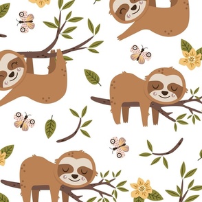 Cute Sloth Sleeping in Tree Pattern, Large Scale