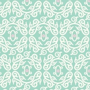 Victorian Lace Trellis in Green and Off White With Pink Flowers Maximalist Garden Inspired