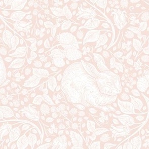 bunnies + birds  in thistle, blush background, MEDUIM Scale