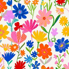 Colorful painterly meadow floral  - wild painted flowers in red pink yellow blue and green on a white background - large