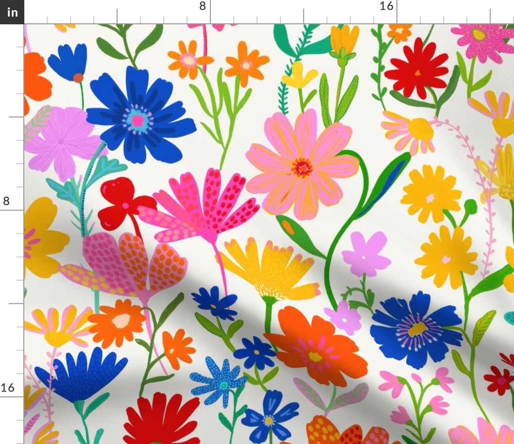 Colorful painterly meadow floral  - wild painted flowers in red pink yellow blue and green on a white background - large