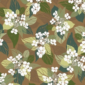 Tropical Flowers - Brown, Teal and Green Leaves