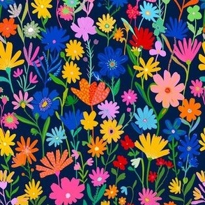 Colorful painterly meadow floral  - wild painted flowers in red pink yellow blue and green on a dark blue background - small