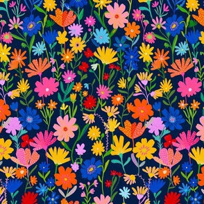 Colorful painterly meadow floral  - wild painted flowers in red pink yellow blue and green on a dark blue background - medium