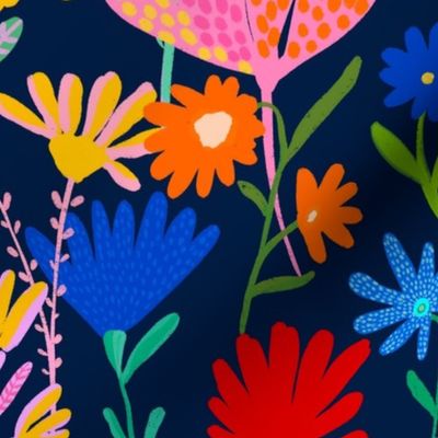 Colorful painterly meadow floral  - wild painted flowers in red pink yellow blue and green on a dark blue background - large