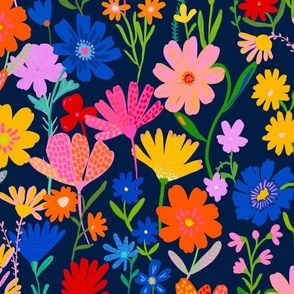 Colorful painterly meadow floral  - wild painted flowers in red pink yellow blue and green on a dark blue background - large