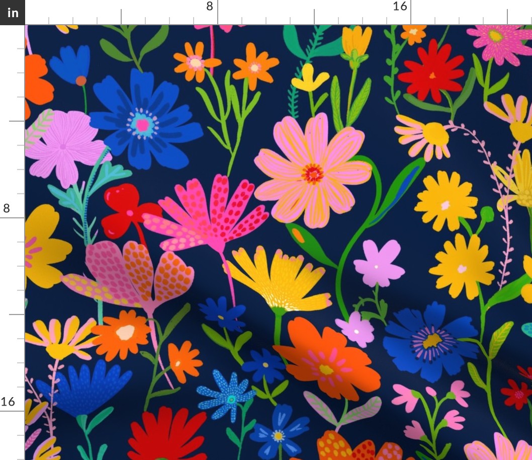 Colorful painterly meadow floral  - wild painted flowers in red pink yellow blue and green on a dark blue background - large