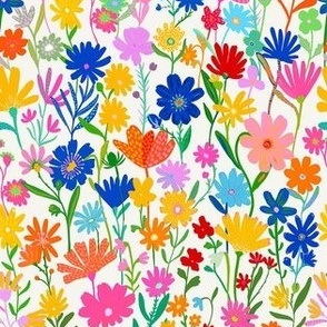 Colorful painterly meadow floral  - wild painted flowers in red pink yellow blue and green on a white background - small
