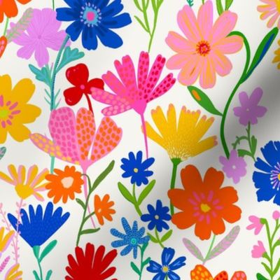 Wild Flower meadow - Colorful painterly meadow floral  - wild painted flowers in red pink yellow blue and green on a white background - medium
