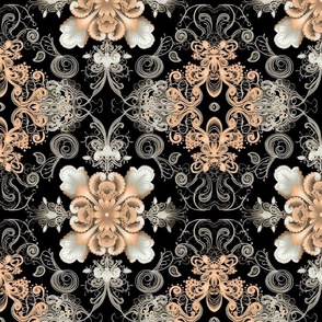 Damask Lace in Peach & White on Black