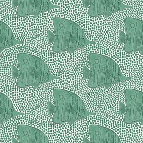 Emerald green hand painted under the sea fish for wallpaper and bedding