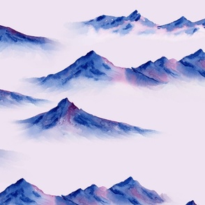 Painterly Watercolor Misty Mountains Wallpaper in Lilac and Blue