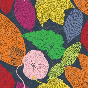 Block-Cut Tossed Leaves (Large) - Bright Colors on Navy Blue  (TBS123)