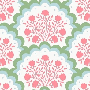 rose | large scale florals in scalloped arches in coral peachy pink and blue green on white
