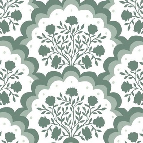 rose | large scale florals in scalloped arches in dark green grey