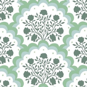 rose | large scale florals in scalloped arches in dark green on white