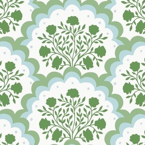 rose | large scale florals in scalloped arches in green and light blue on off white