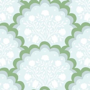 rose | large scale florals in scalloped arches in green and white on blue