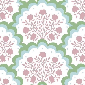 rose | large scale florals in scalloped arches in green blue and lilac purple on white