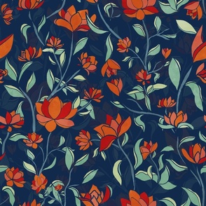 Maximalist Folk Floral Garden Red and Blue