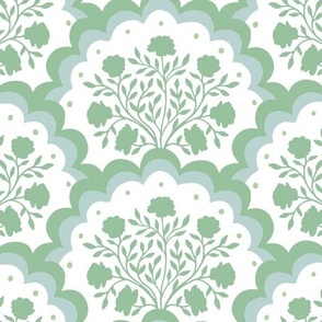 rose | large scale florals in scalloped arches in green on white 2