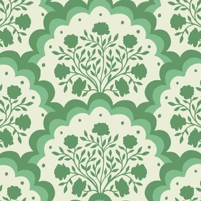 rose | large scale florals in scalloped arches in greens on off white