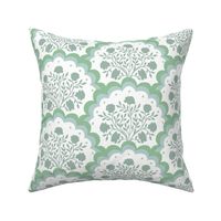 rose | large scale florals in scalloped arches in grey green on white