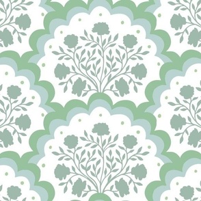 rose | large scale florals in scalloped arches in grey green on white