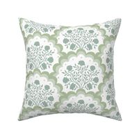 rose | large scale florals in scalloped arches in light green grey on white