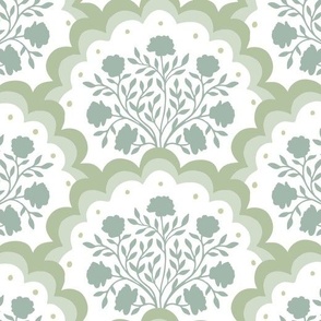 rose | large scale florals in scalloped arches in light green grey on white