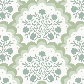 rose | large scale florals in scalloped arches in light grey green on off white