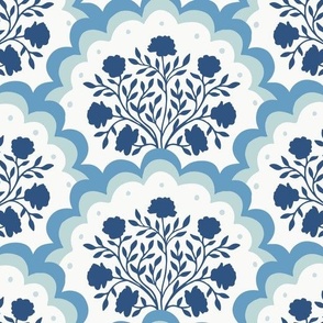 rose | large scale florals in scalloped arches in navy and blue grey on off white